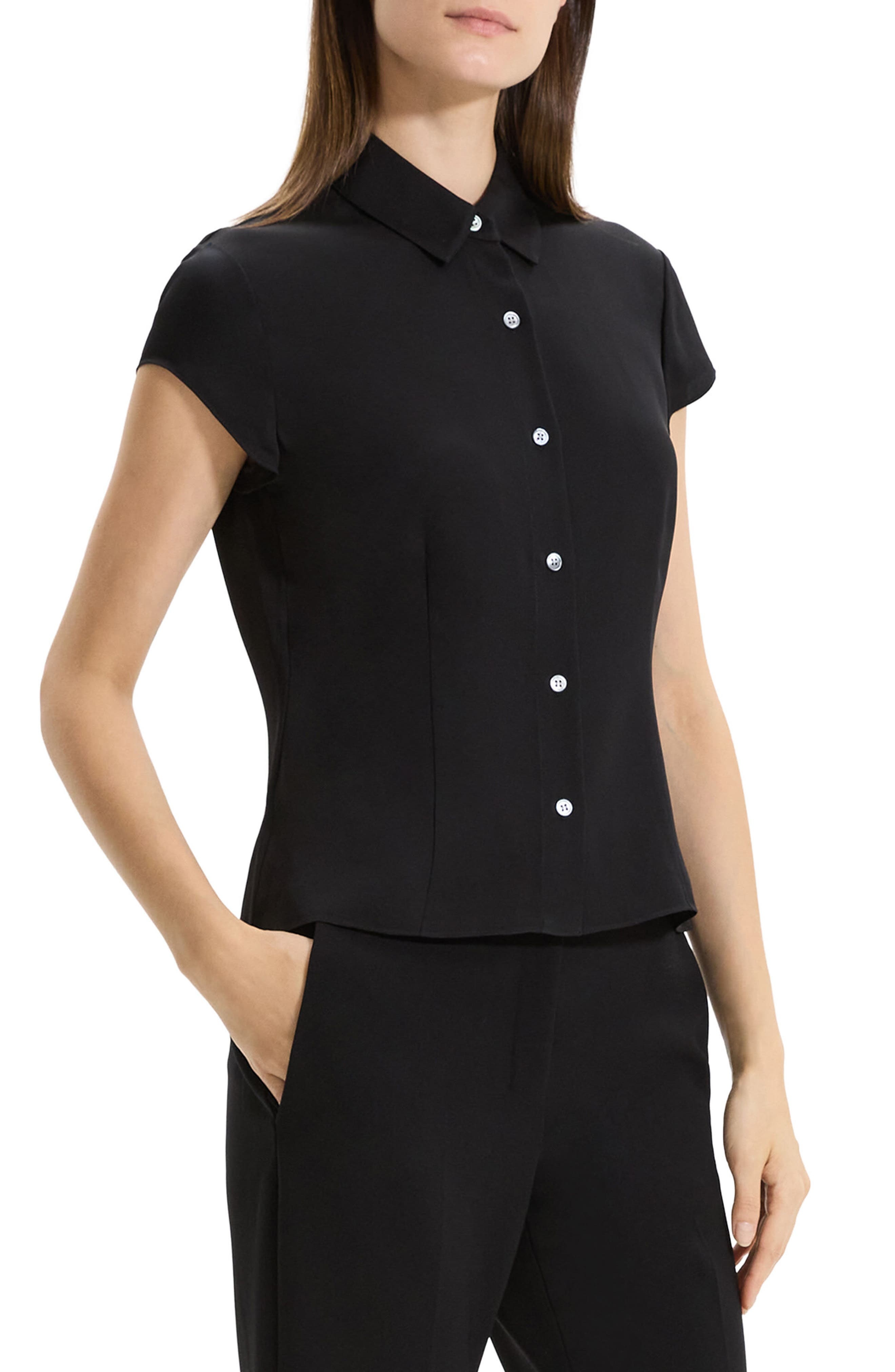 Theory Cap Sleeve Silk Shirt in Blk at Nordstrom - 3