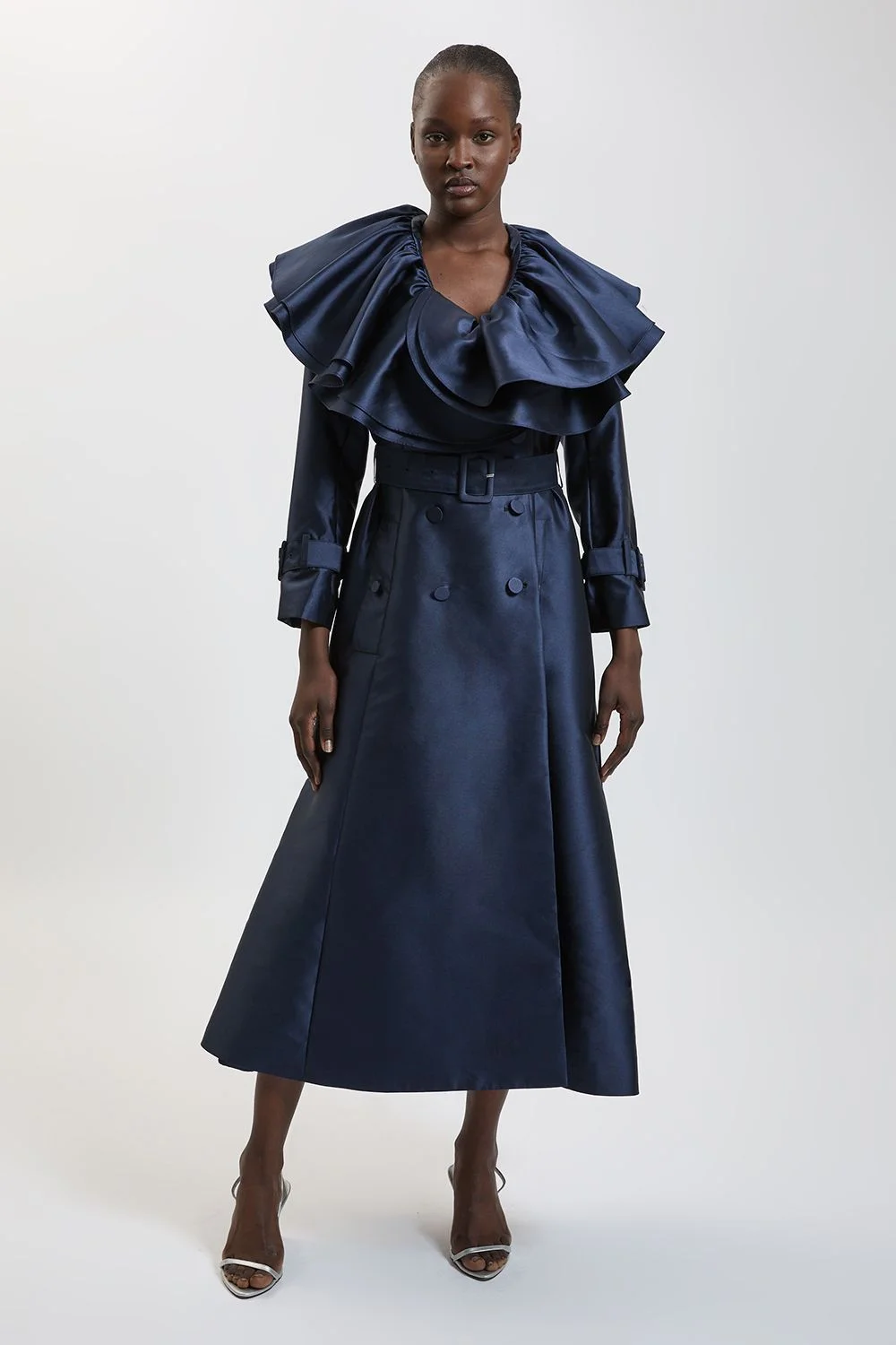 Structured Satin Ruffle Tailored Maxi Coat - 1
