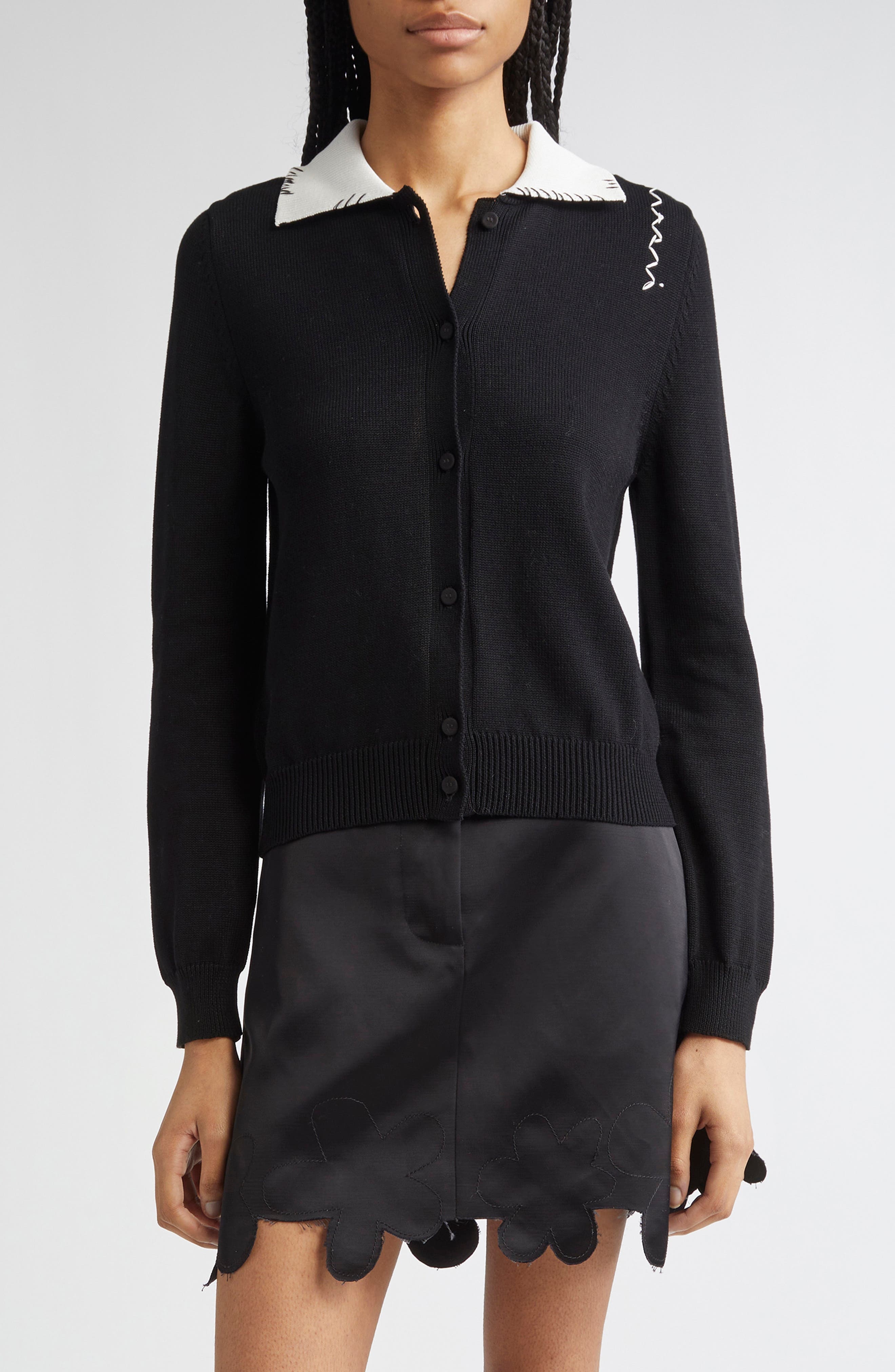 Marni Logo Embroidered Long Sleeve Cardigan in Black at Nordstrom - 1