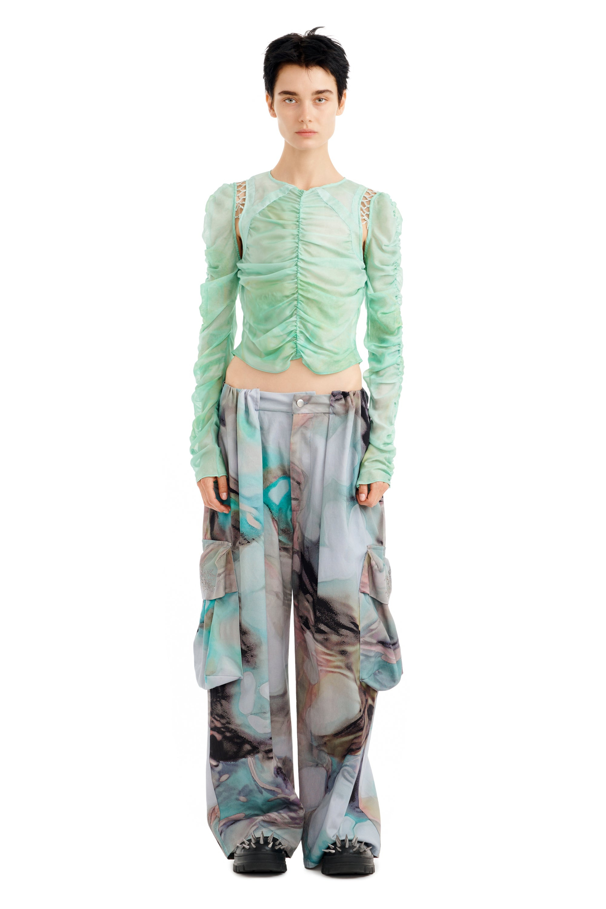 RHINESTONE OIL MOLD PLEATED CARGO PANT - 1