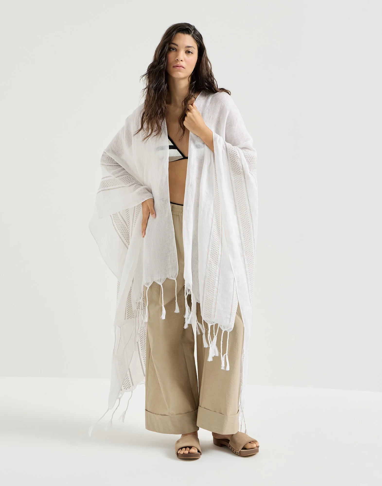 Linen poncho with broderie anglaise - 1