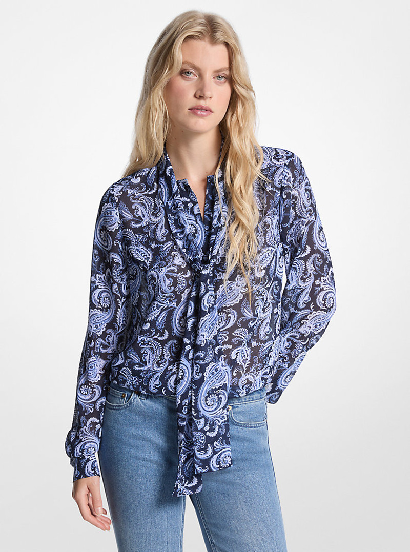 Paisley Print Georgette Tie-Neck Blouse 1