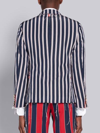 Thom Browne Navy Frayed Tri Color Silk Cotton Frayed Stripe Classic Sport Coat outlook