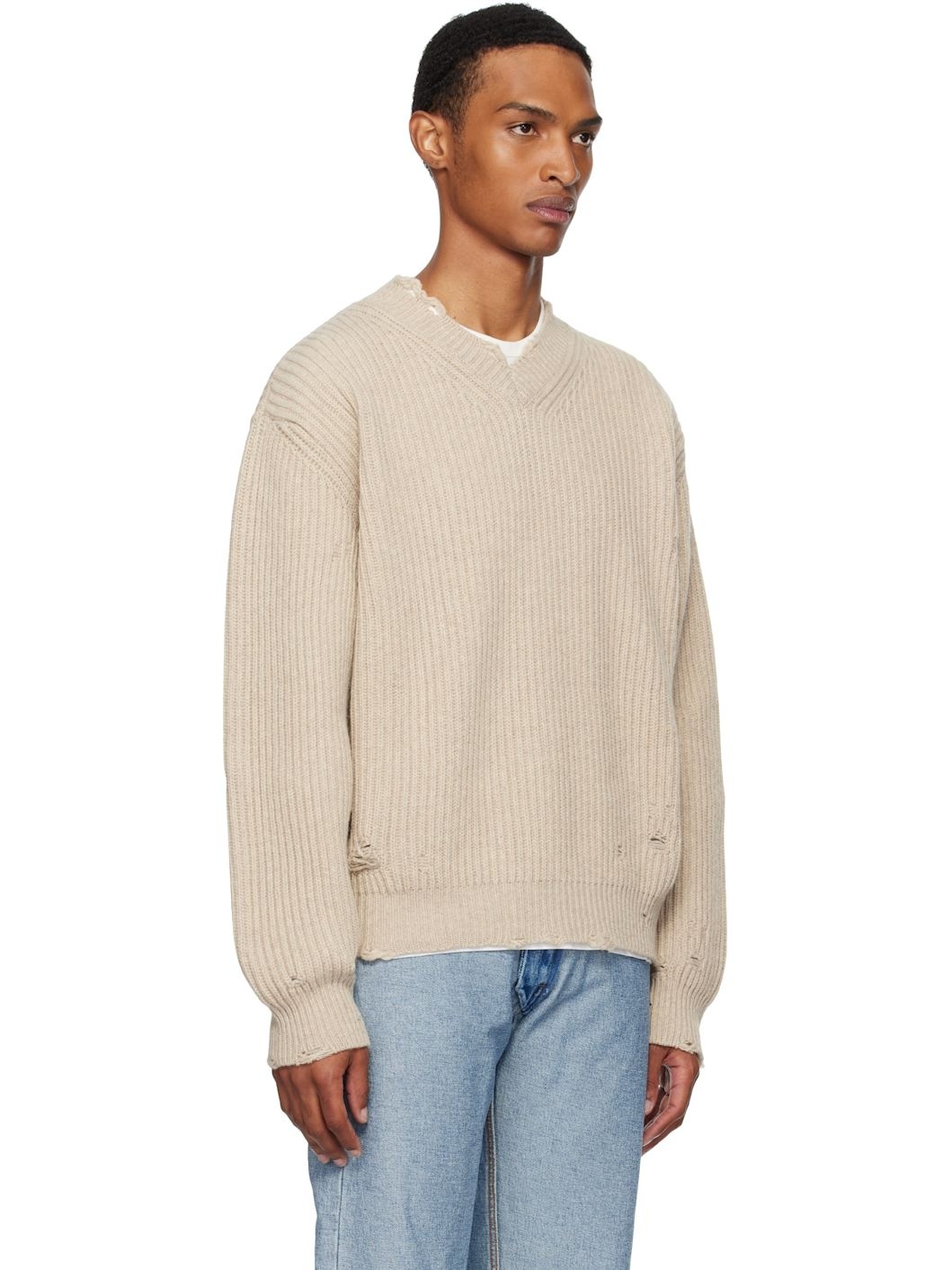 Beige Ribbed Wool Knit Sweater - 2