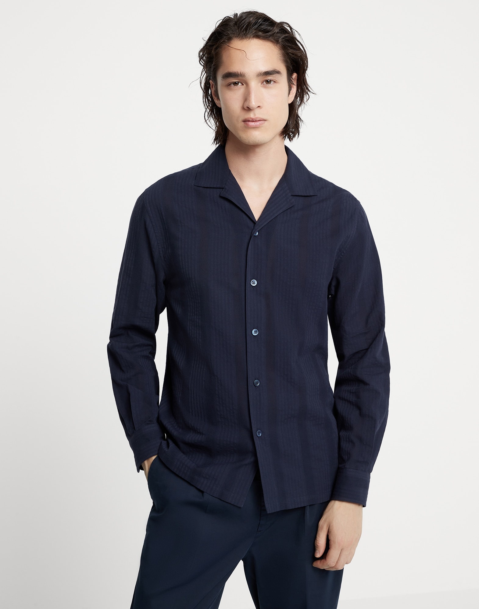 Textured stripe poplin easy fit shirt with camp collar - 1