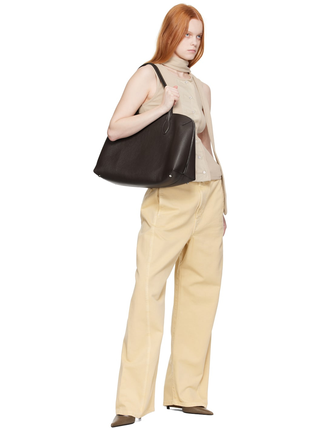 Brown Grained-Leather Day Tote - 4