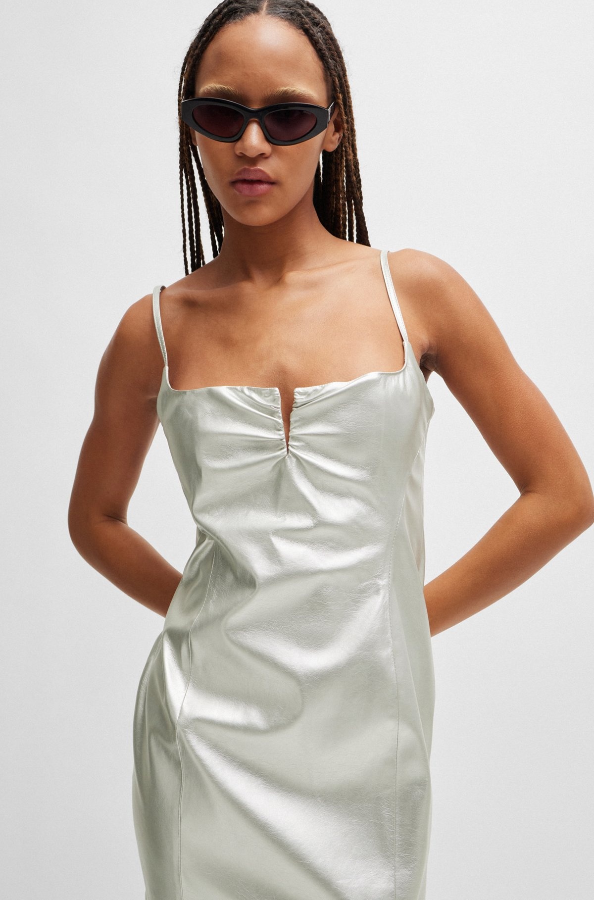 METALLIC FAUX-LEATHER MINI DRESS WITH NOTCH NECKLINE - 5