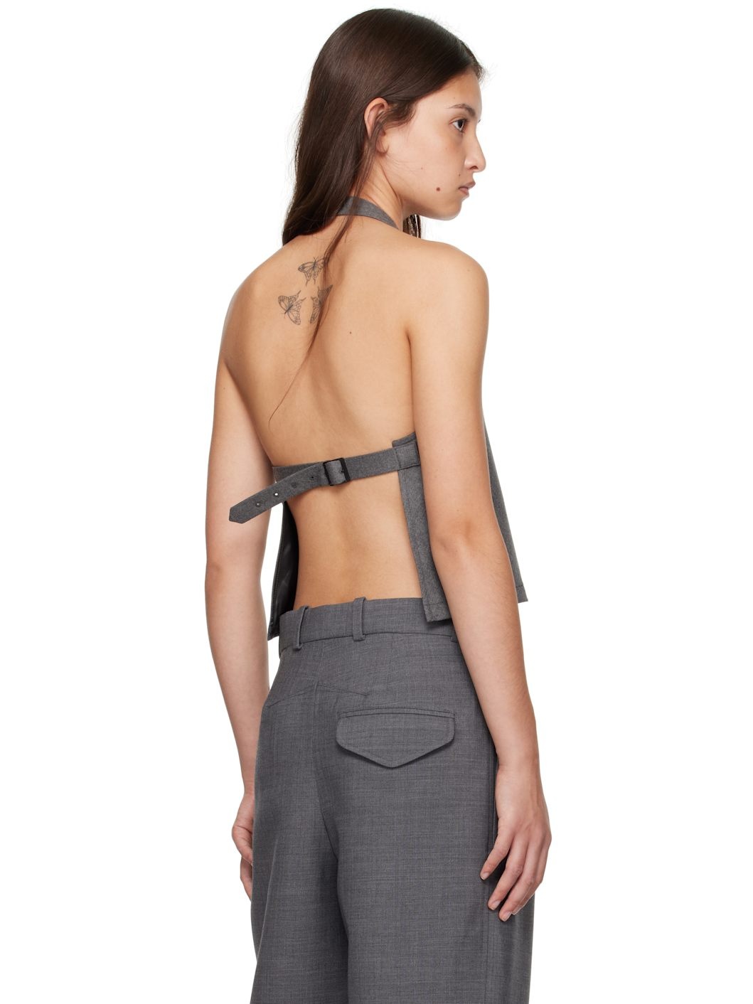 Gray Backless Halter Tank Top - 3