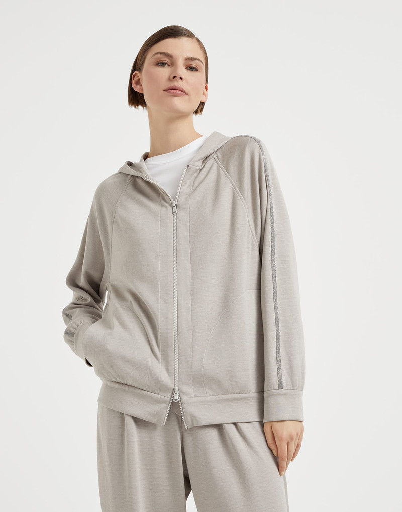 Cotton and silk interlock hooded sweatshirt with precious stripe 1