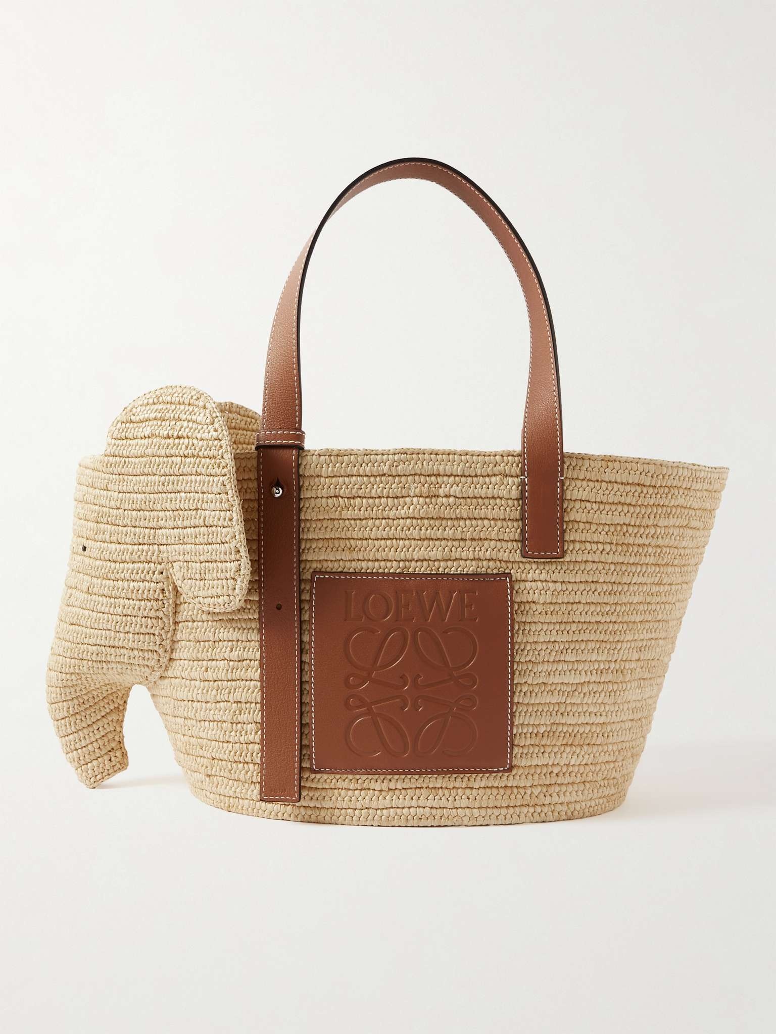 Elephant Leather-Trimmed Raffia Tote Bag - 1