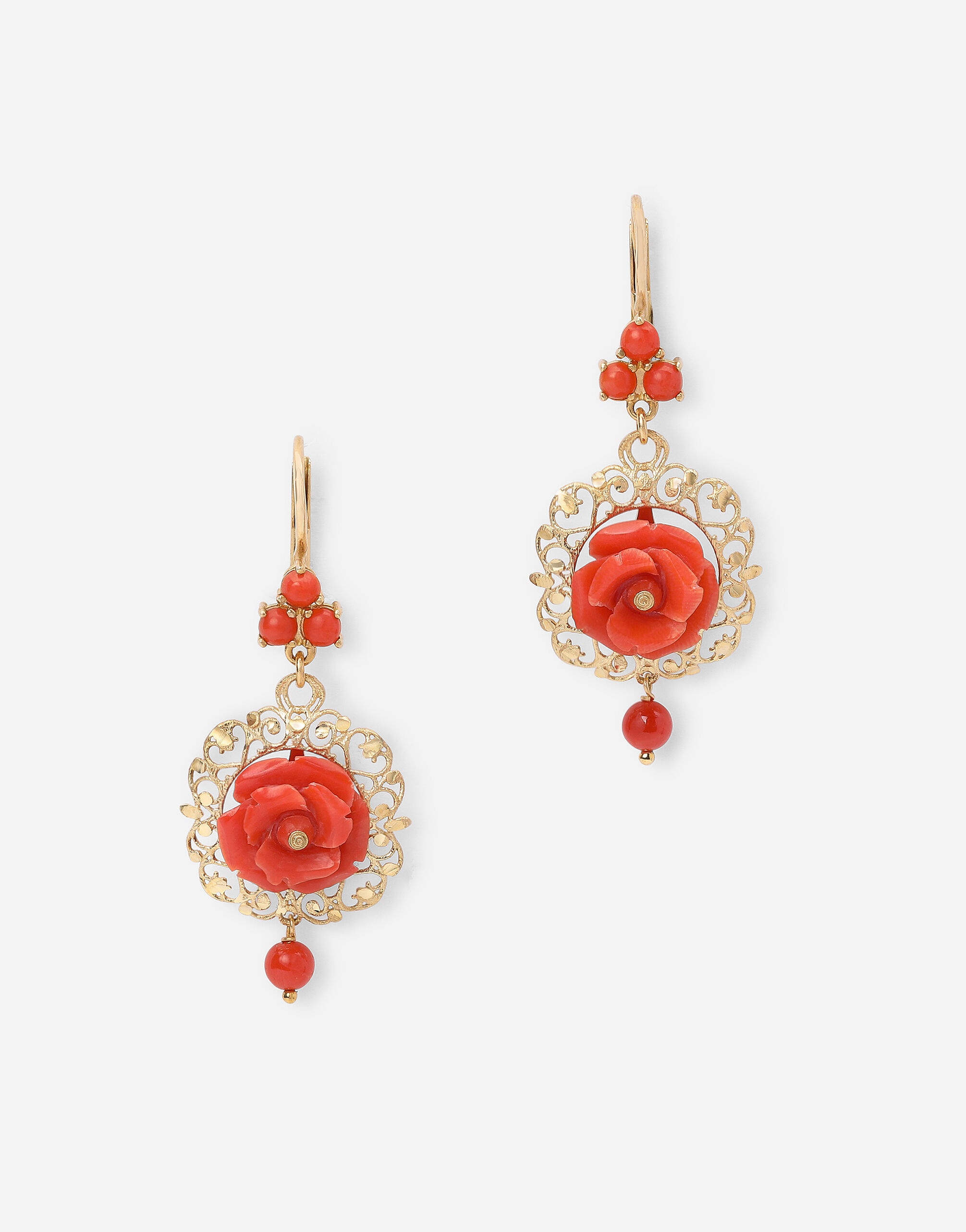 Coral leverback earrings in yellow 18kt gold with coral roses - 1