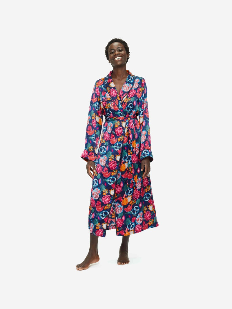 Derek Rose Women's Long Dressing Gown Brindisi 78 Silk Satin Navy outlook