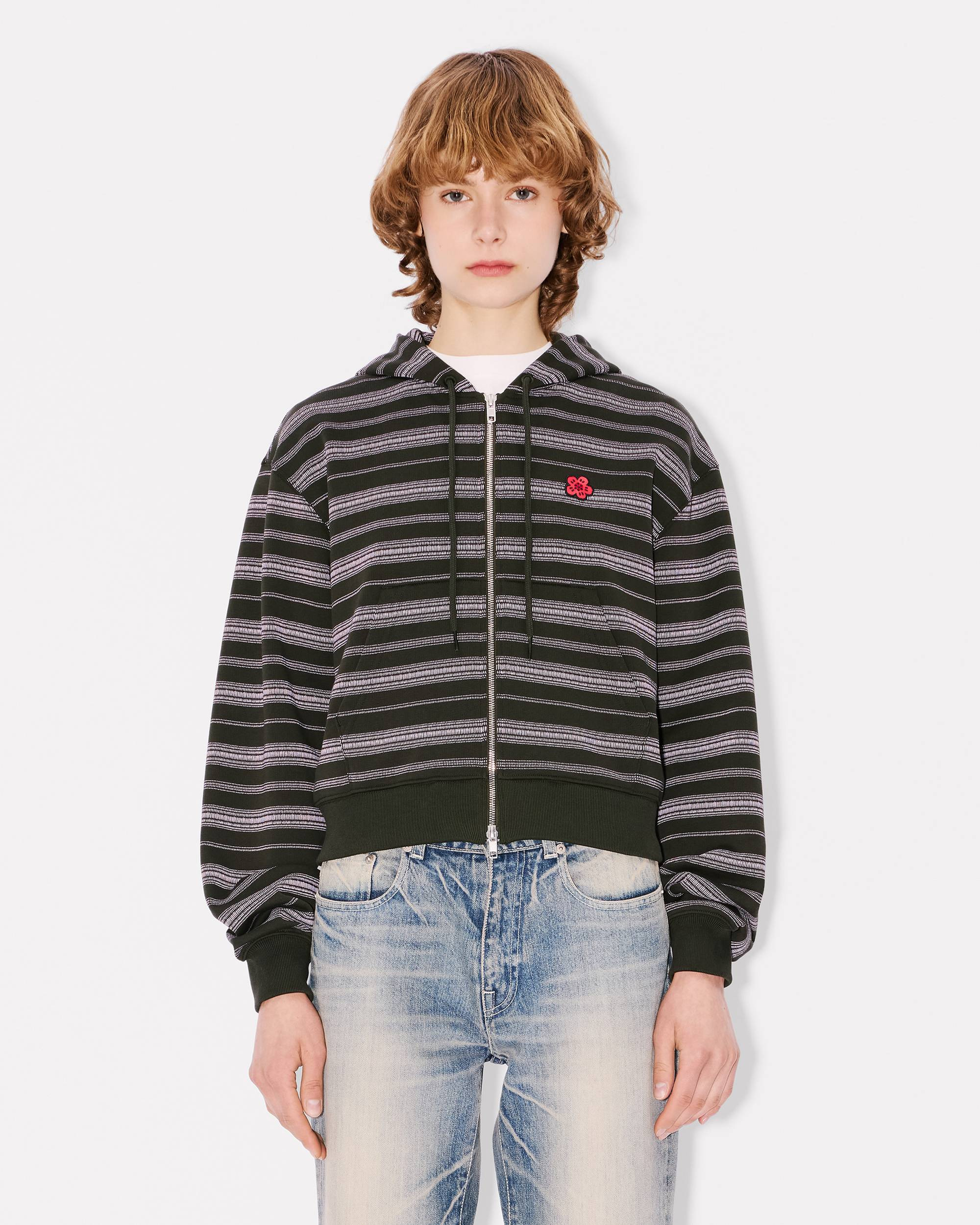'Boke Flower' stripes short zip-up hoodie in cotton - 3