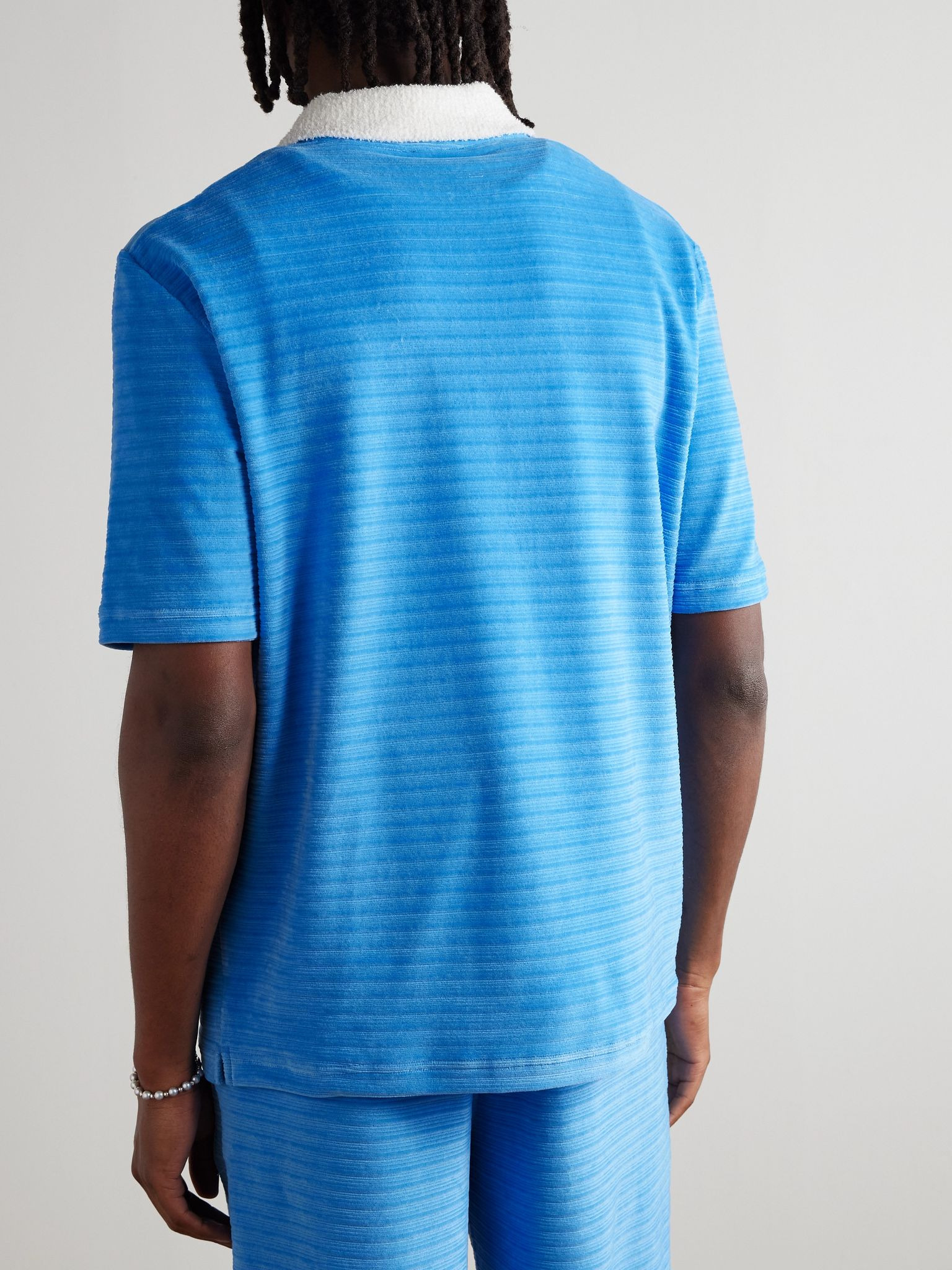 Logo-Appliquéd Bouclé-Trimmed Cotton-Blend Velour Polo Shirt Blue - 3