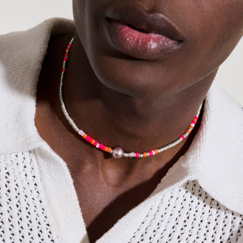 Heishi Necklace, Sterling Silver, Enamel, Hardstones, Pearl 4