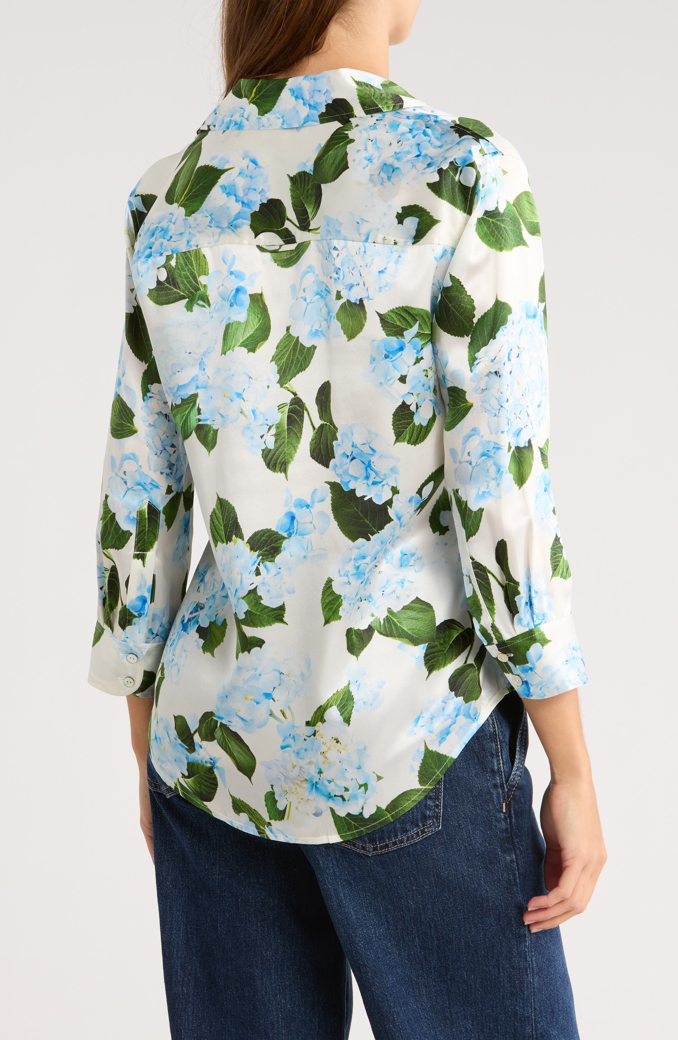 L'AGENCE Dani Floral Three-Quarter Sleeve Silk Button-Up Shirt in Ivory/Light Blue Hydrangea at Nord - 2
