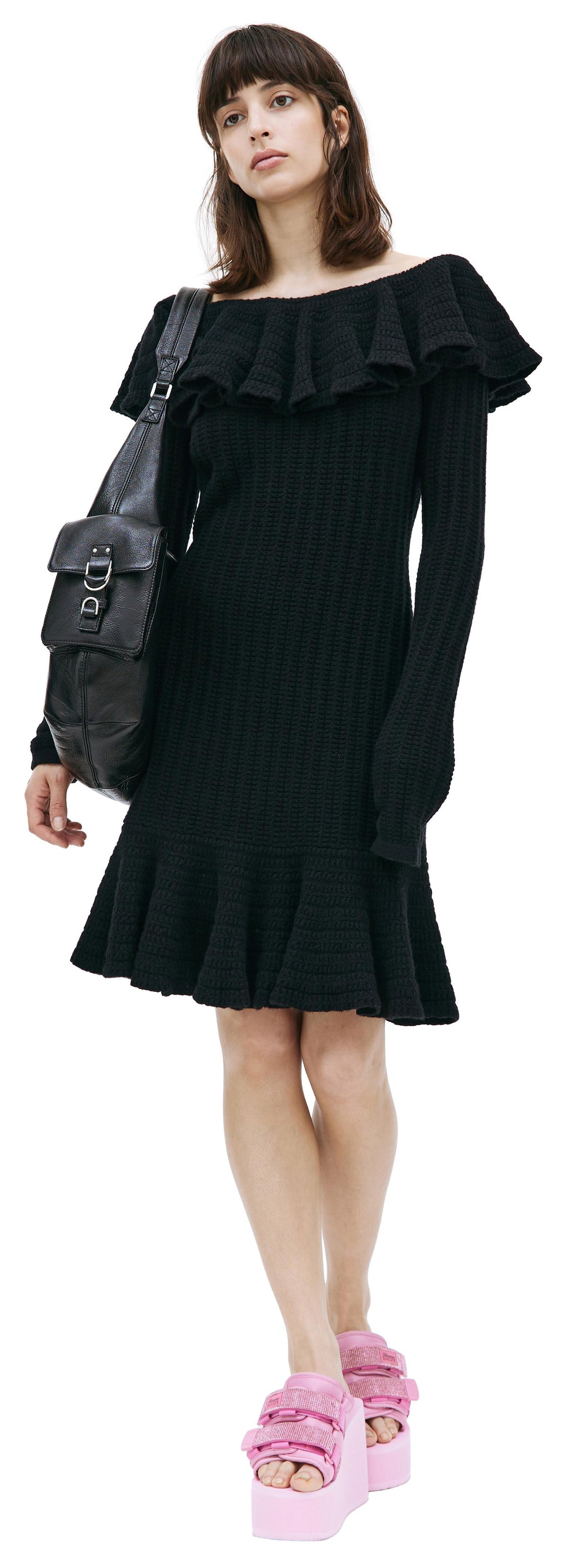 KNITTED OPEN SHOULDER MIDI DRESS (BLACK) - 2