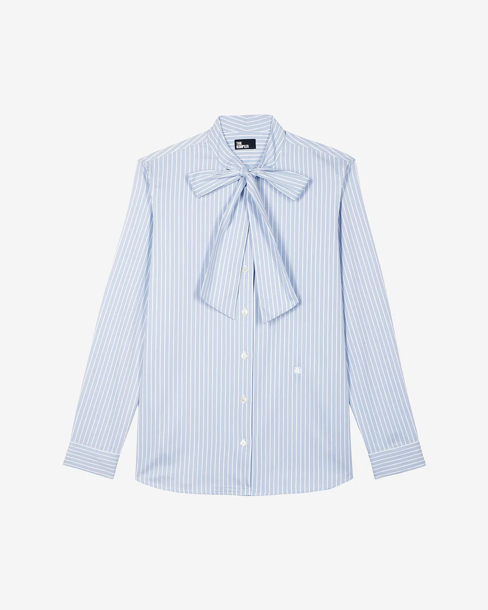 BLUE STRIPED COTTON BLEND SHIRT WITH LAVALIERE COLLAR - 1