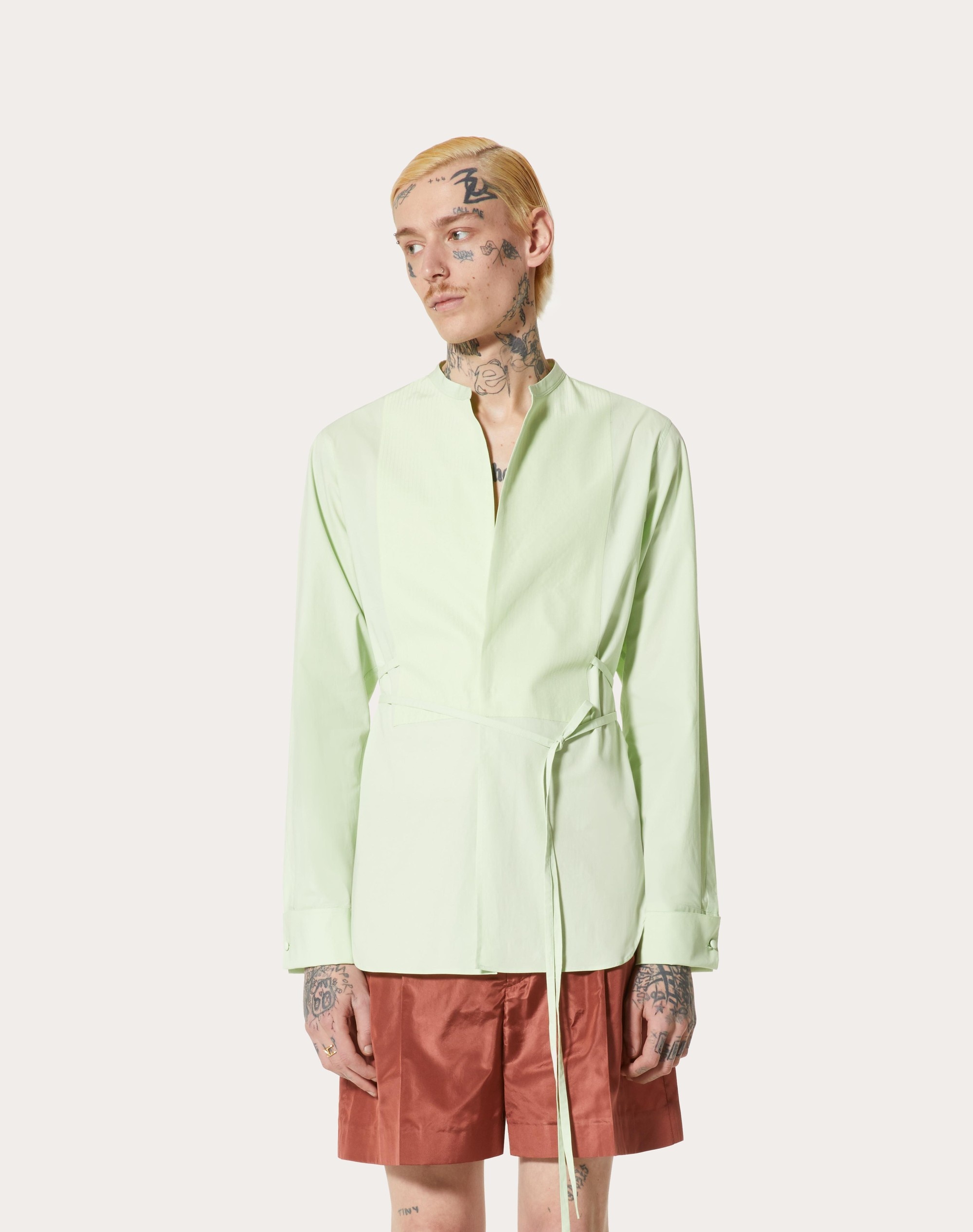COTTON POPLIN SHIRT WITH WASHED SILK PLASTRON - 3