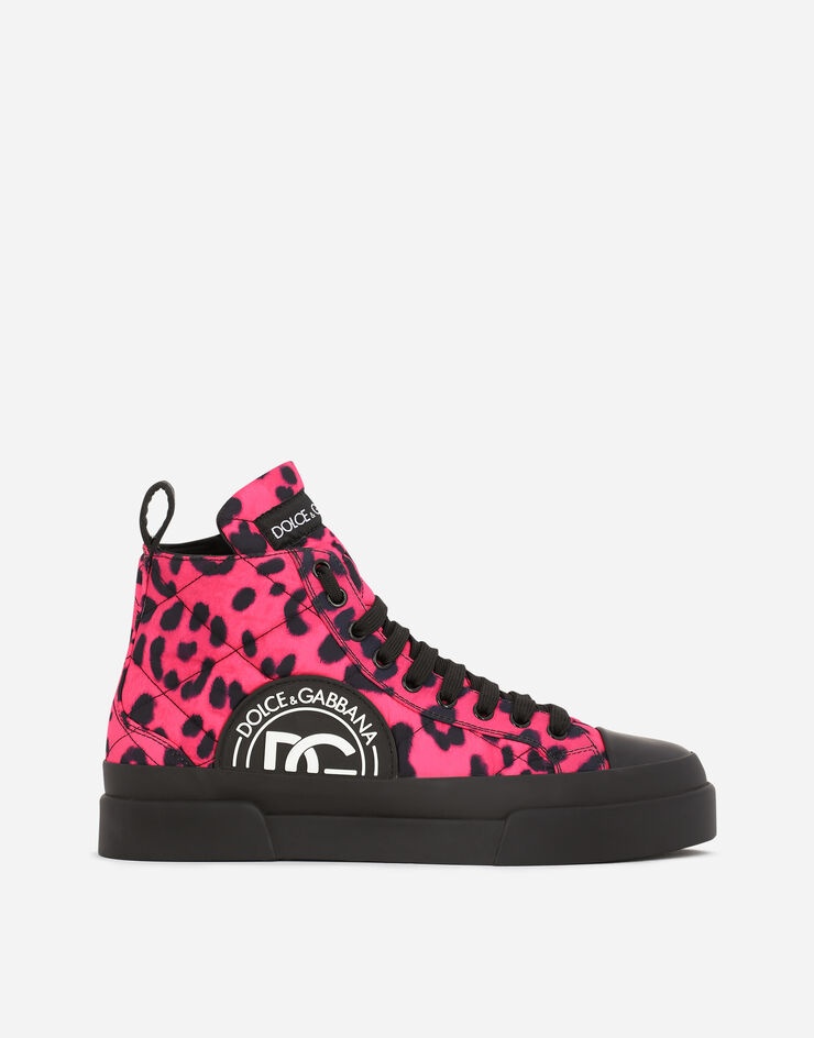 Quilted nylon Portofino Light mid-top sneakers with leopard print over fuchsia base - 1