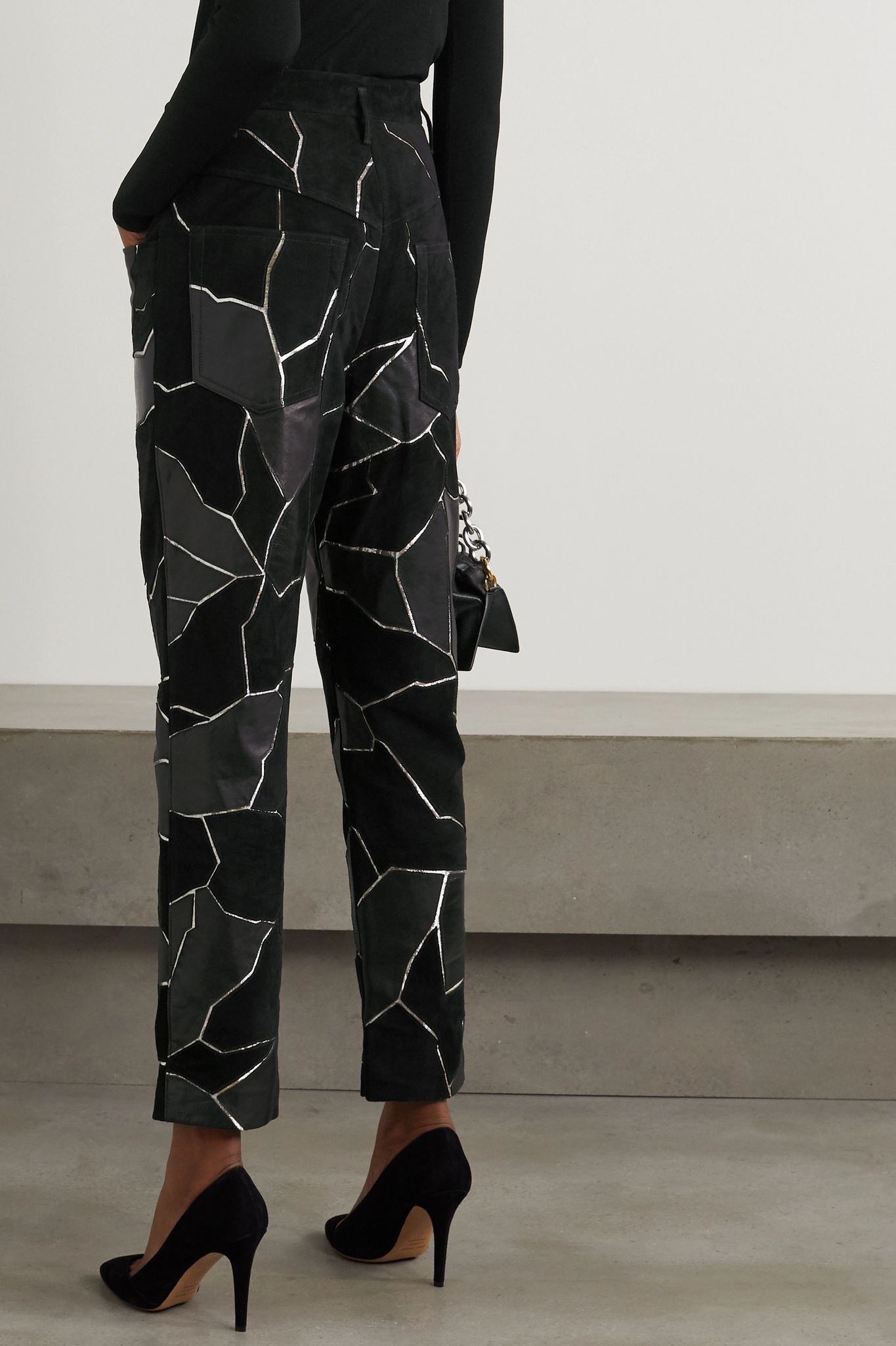 Maeko patchwork metallic-trimmed suede and leather tapered pants - 3