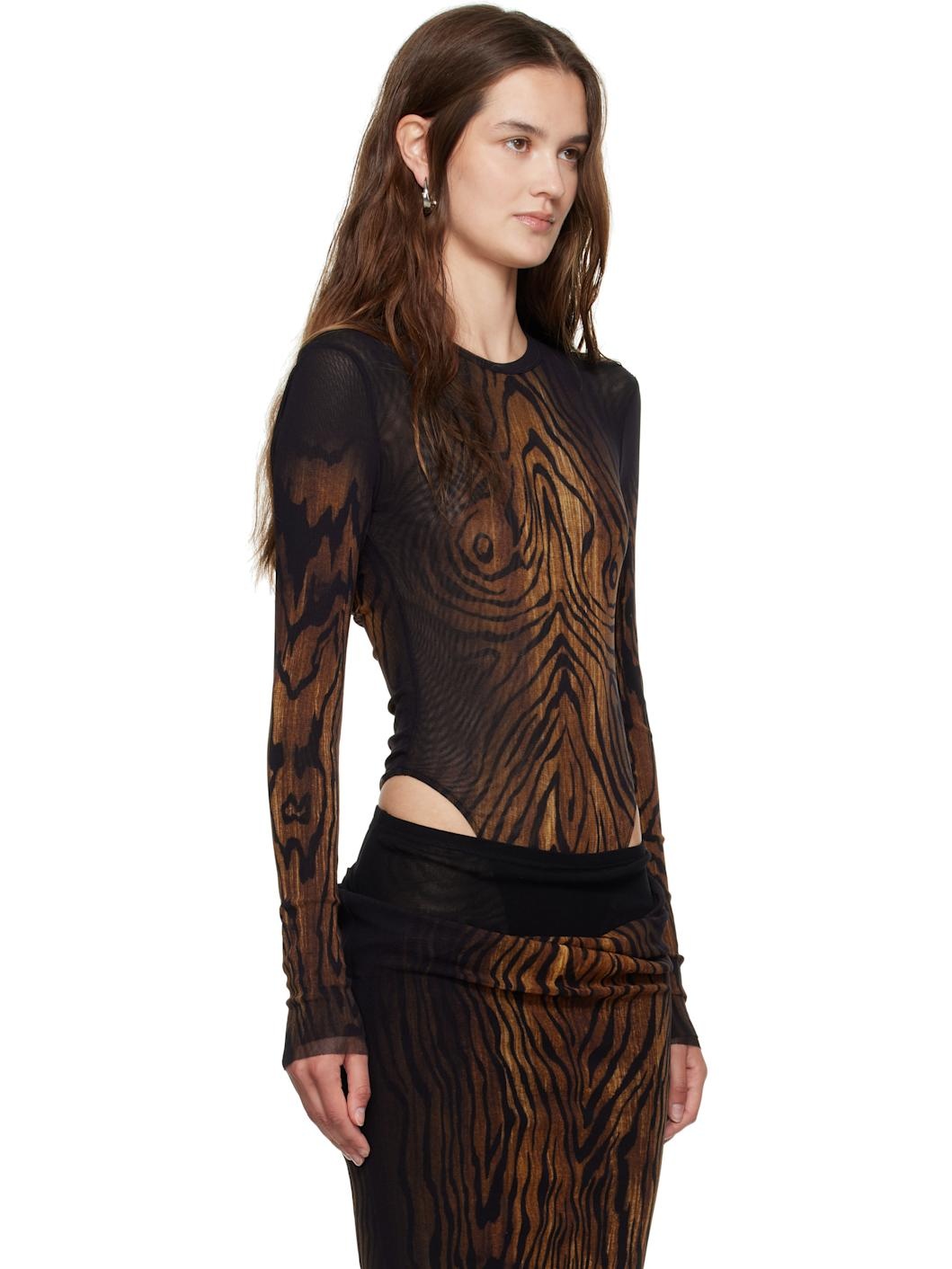 Black Mesh Double Layer Printed Wood Bodysuit - 2