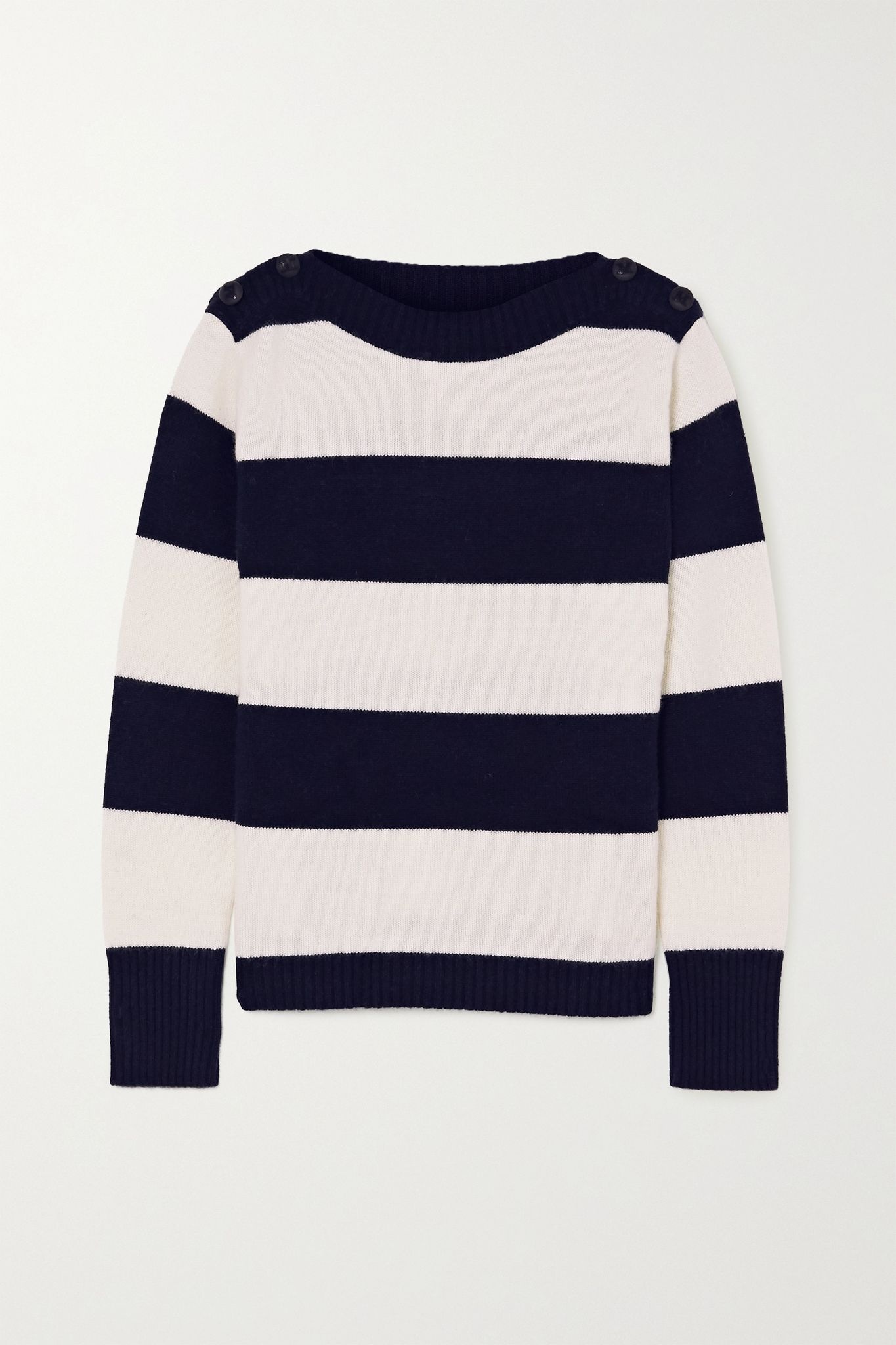 Button-embellished striped wool and cashmere-blend sweater - 1