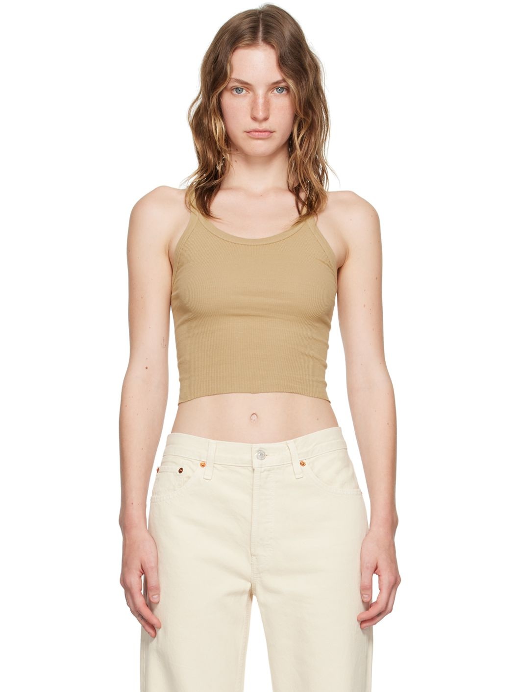 Beige Hanes Edition Cropped Ribbed Tank Top - 1