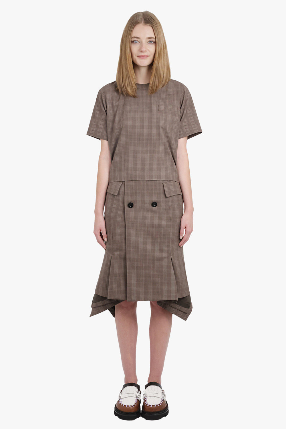 ASYMMETRIC FLARED HEM CHECK MIDI SKIRT WITH BUTTON DETAIL | BROWN - 2