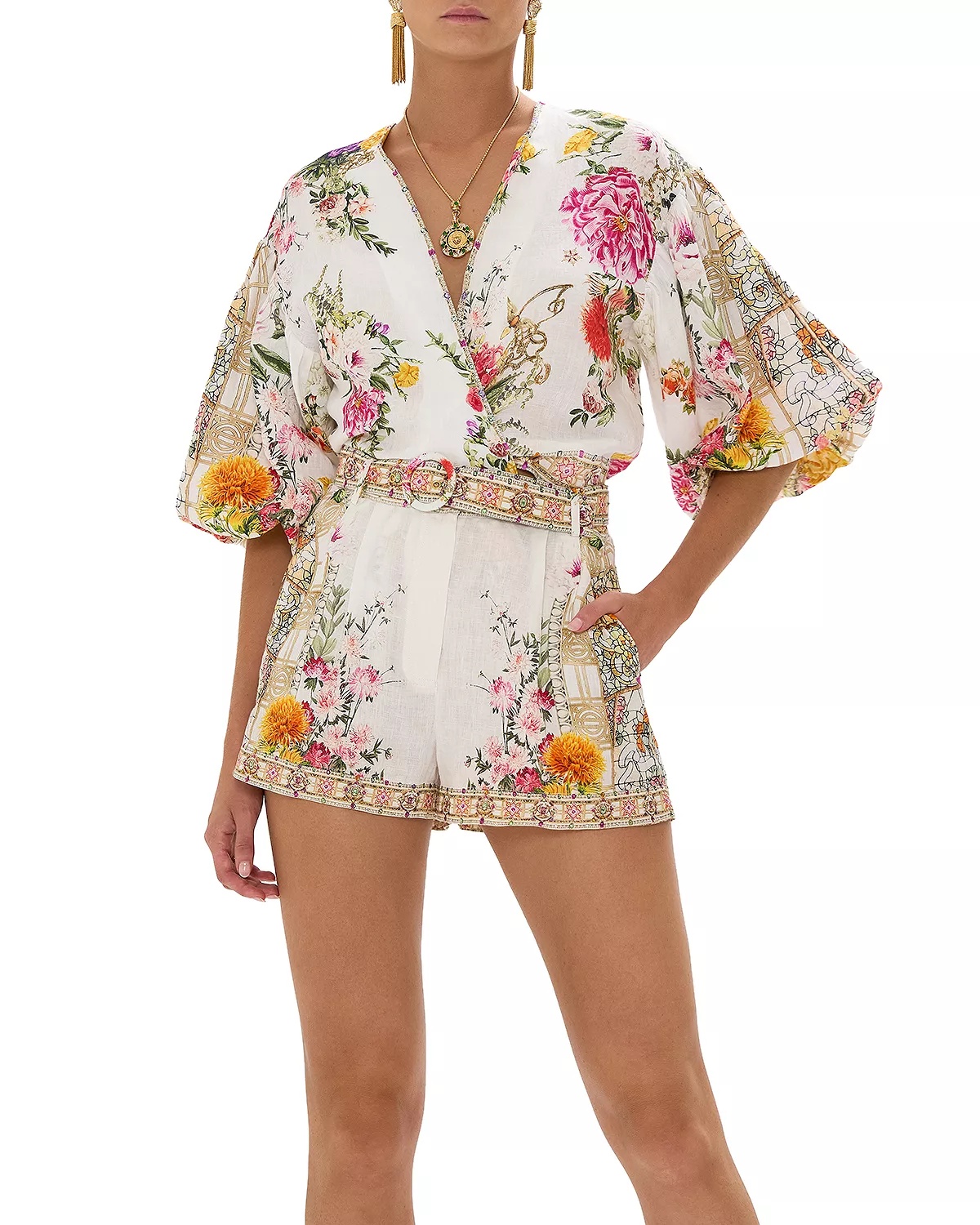 Linen Floral Print Belted Shorts in Egyptian Rose - 1