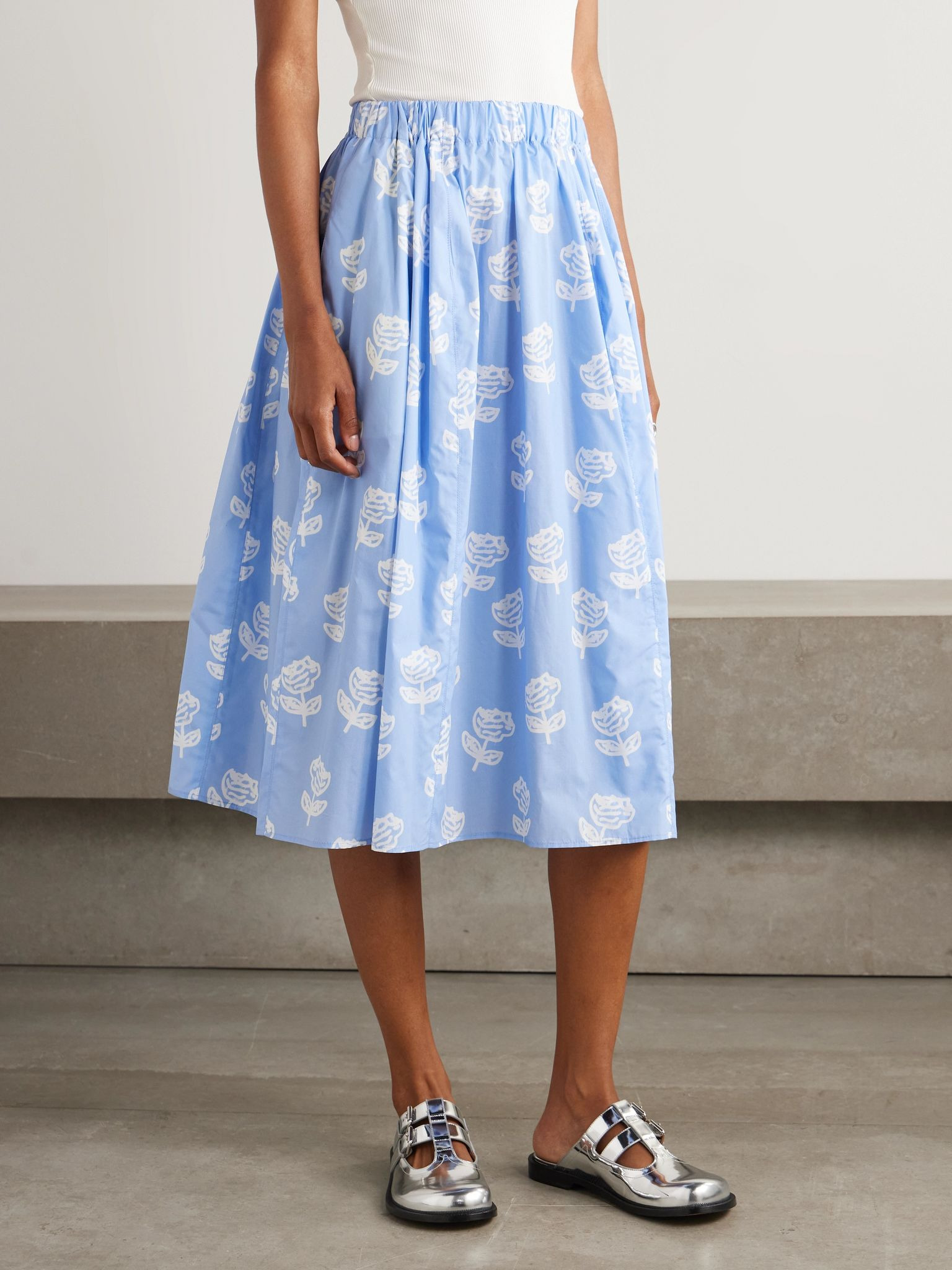 Pleated floral-print cotton-poplin midi skirt Light blue - 3