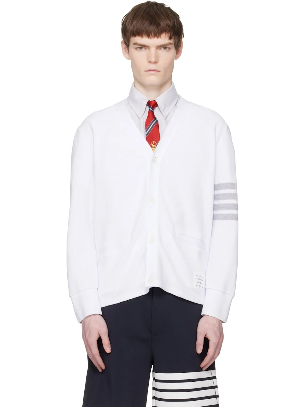 White Textured Pique 4-Bar Cardigan - 1