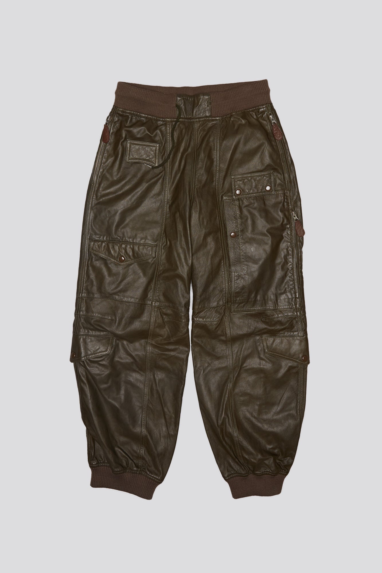 MULTIPOCKET BALLOON LEATHER PANT - OLIVE - 4