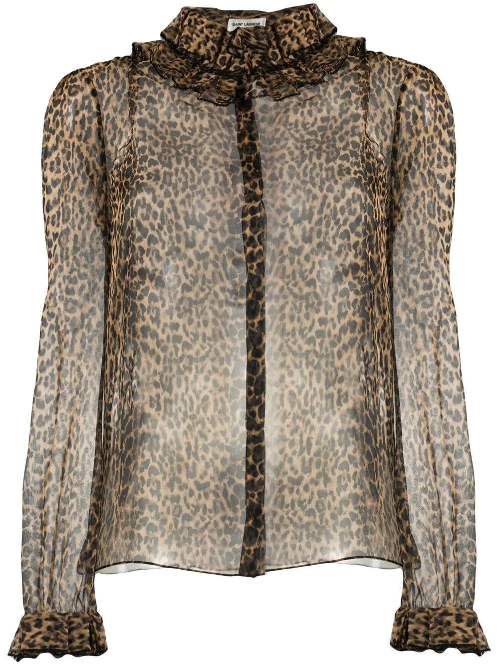 leopard print ruffle neck silk blouse - 1