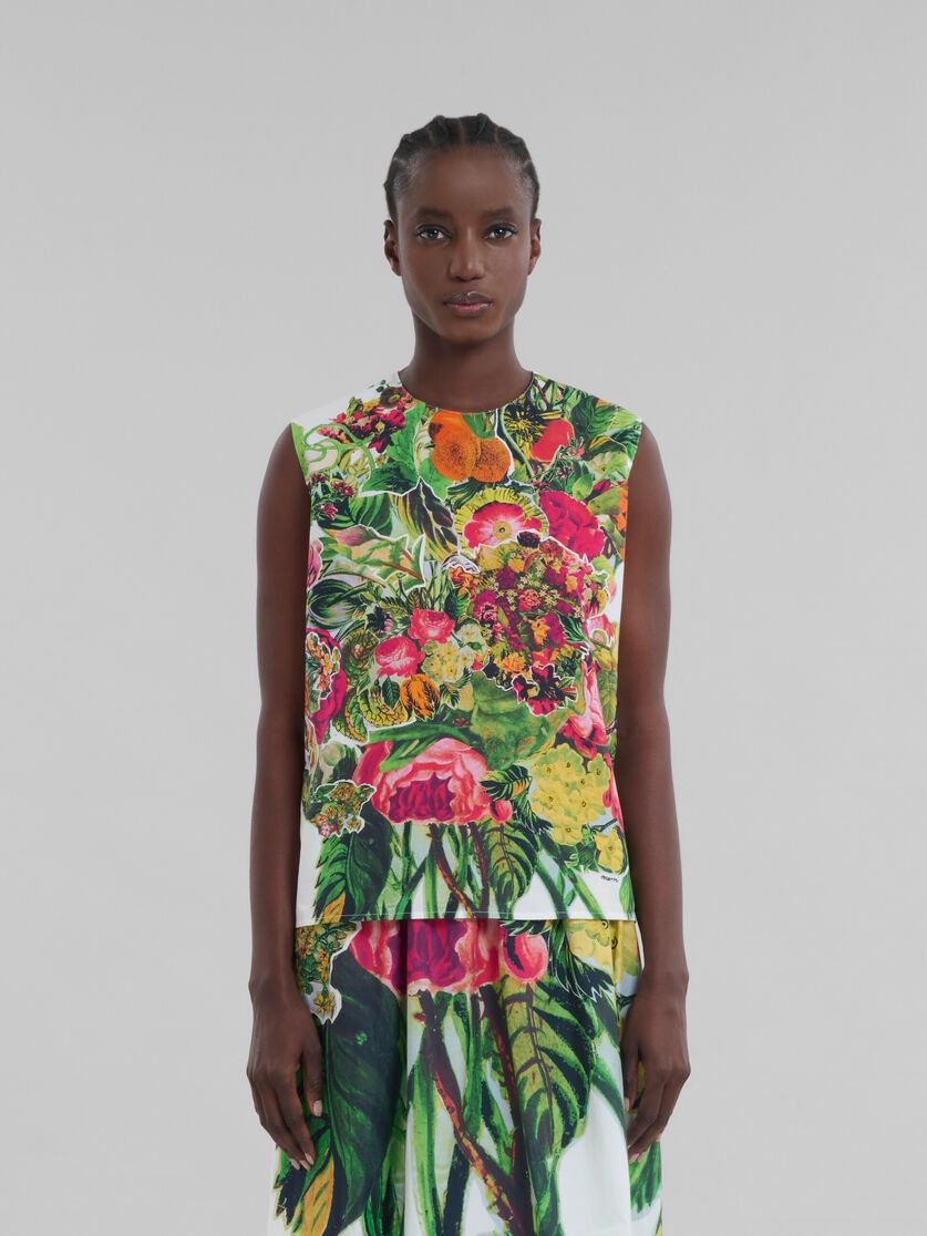 WHITE POPLIN SLEEVELESS TOP WITH MYSTICAL BLOOM PRINT - 2