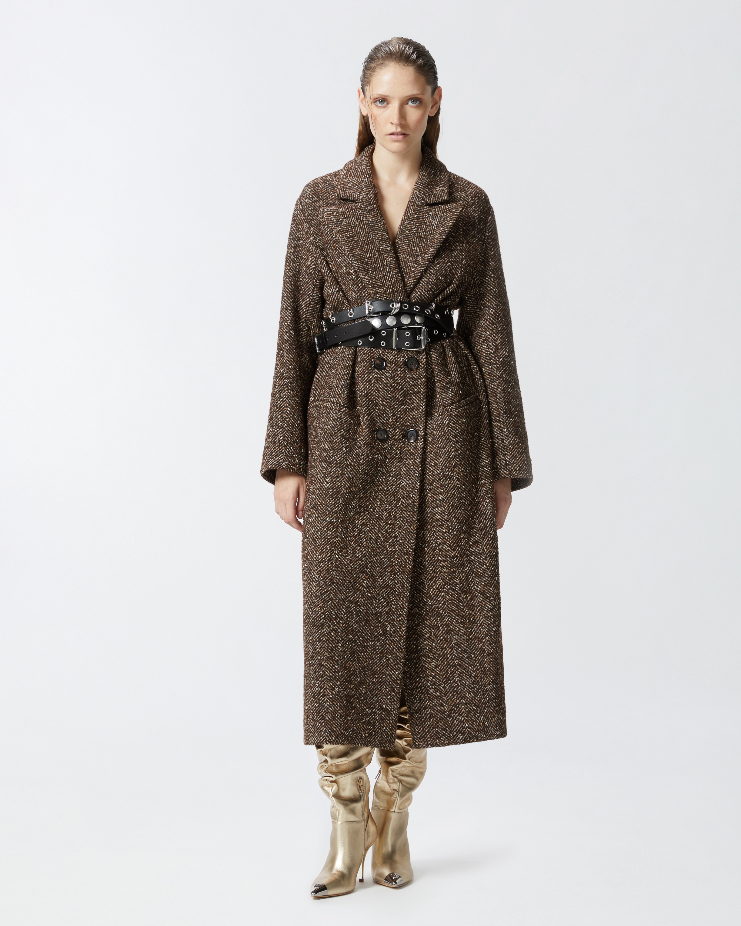 LONG HERRINGBONE COAT WITH BELT - 3