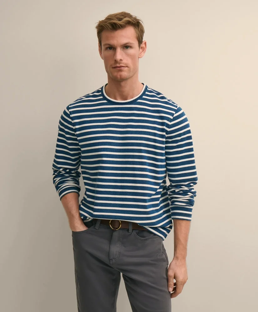 Cotton Indigo-Dyed Heavyweight Mariner Stripe Long-Sleeve T-Shirt - 1