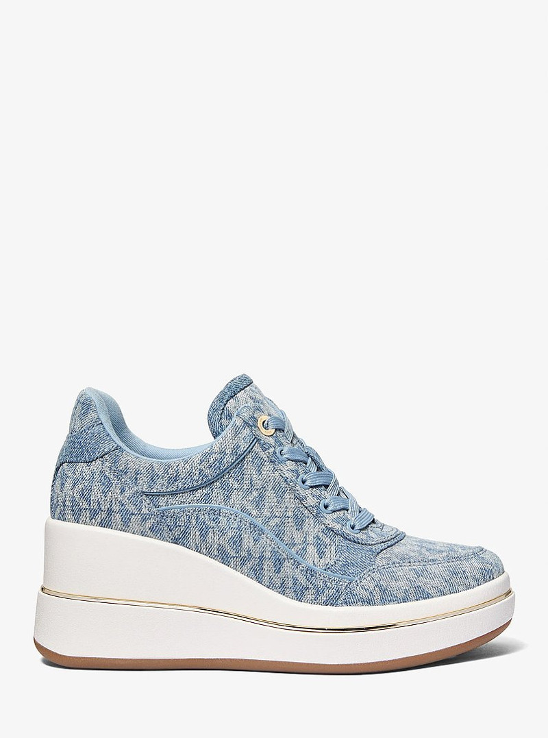 Emmy Signature Logo Print Denim Wedge Trainer 1