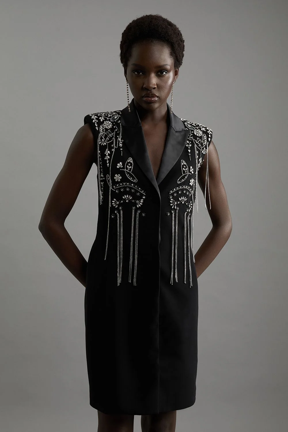 Embellished Detail Plunge Collar Woven Mini Dress - 1