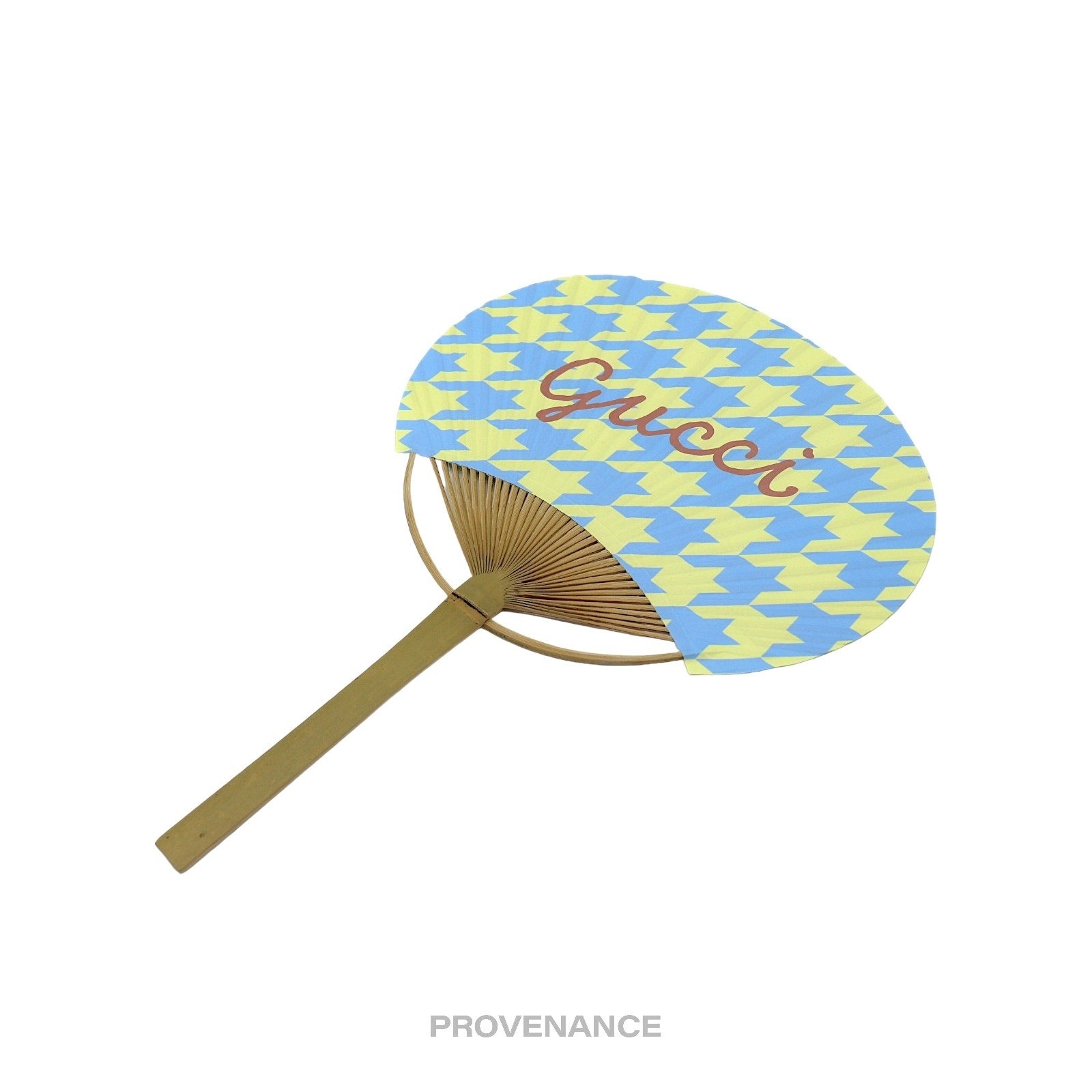 Gucci Logo Bamboo Hand Fan - Houndstooth Yellow Blue - 3