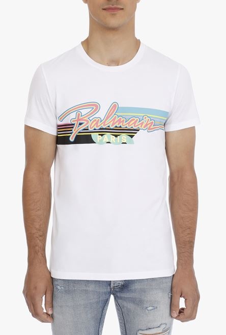 EXCLUSIVE - White cotton T-shirt with multicolor Balmain Paris logo - 5