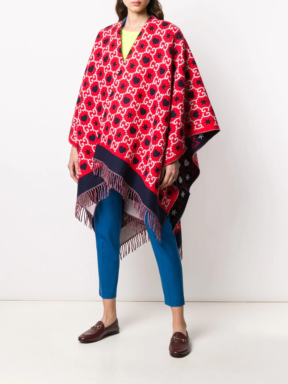 reversible GG fringed poncho - 2