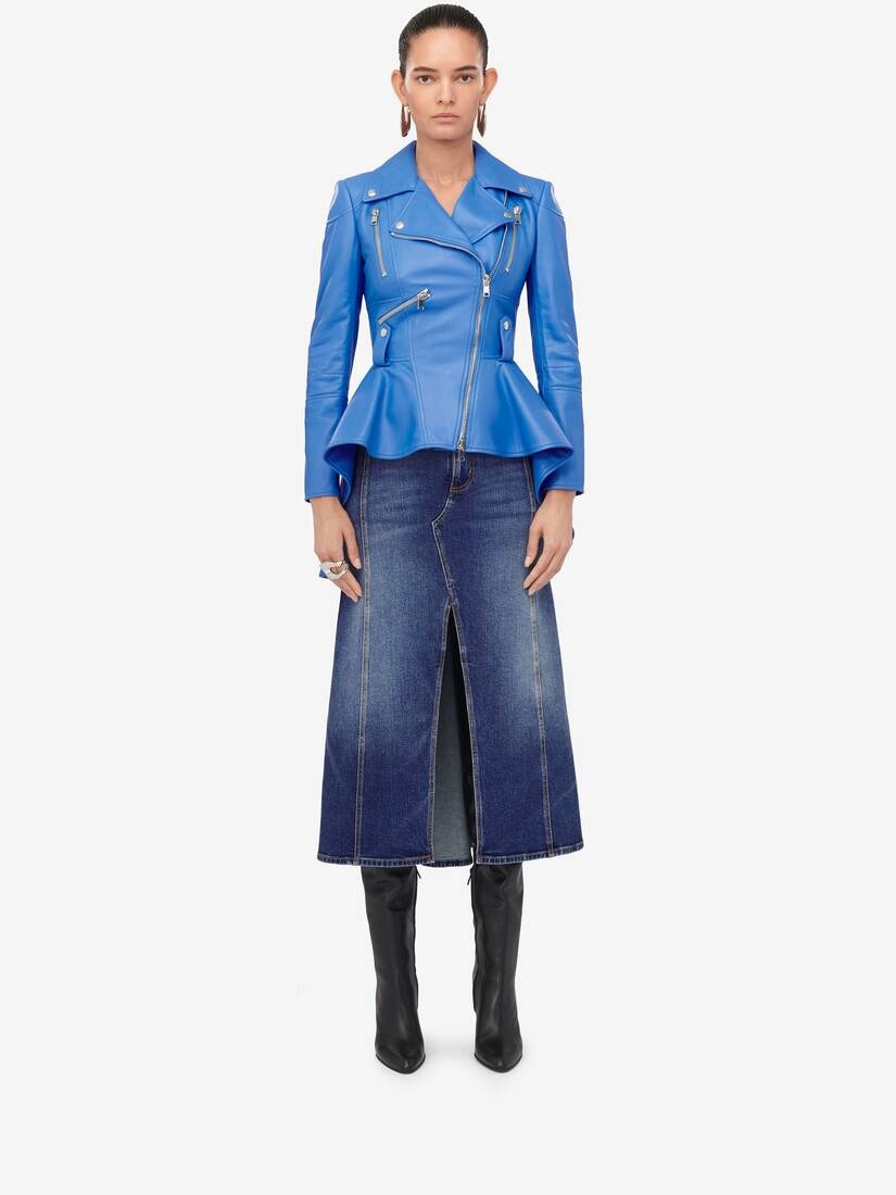 Women's Peplum Leather Jacket in Lapis Blue - 2