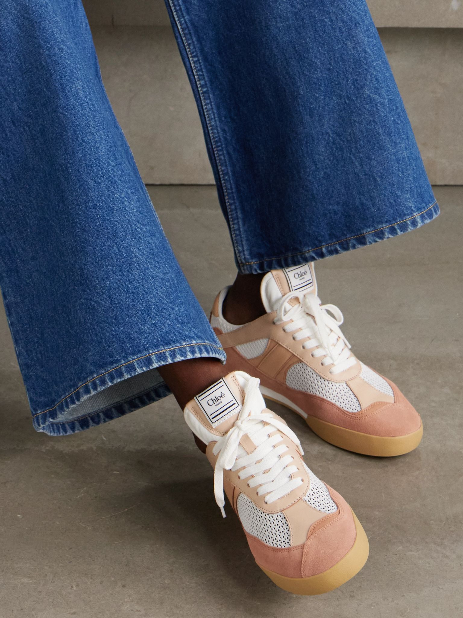 Kick leather and suede-trimmed mesh sneakers Peach - 2