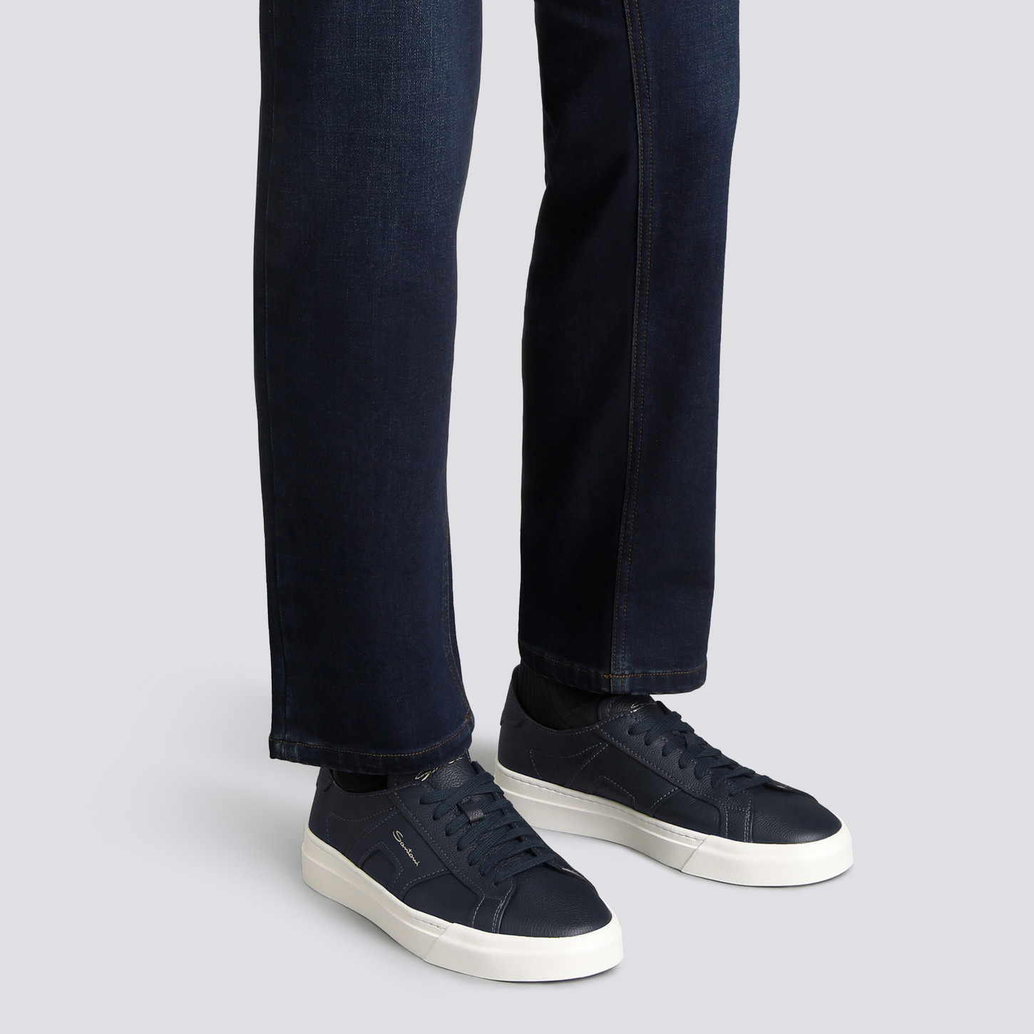 Men's blue tumbled leather double buckle sneaker - 2