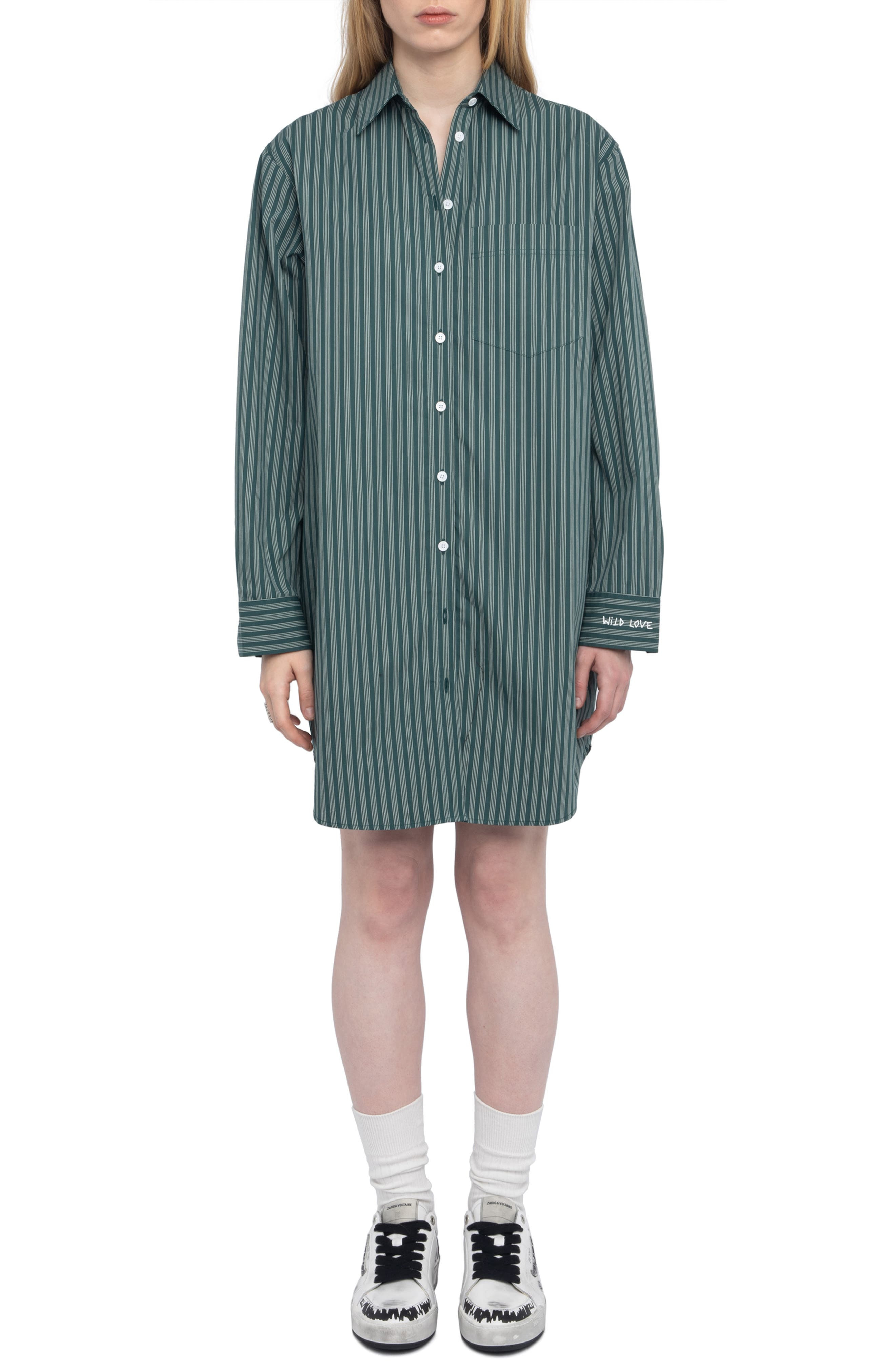 Zadig & Voltaire Rorning Stripe Long Sleeve Shirtdress in Emerald at Nordstrom - 1