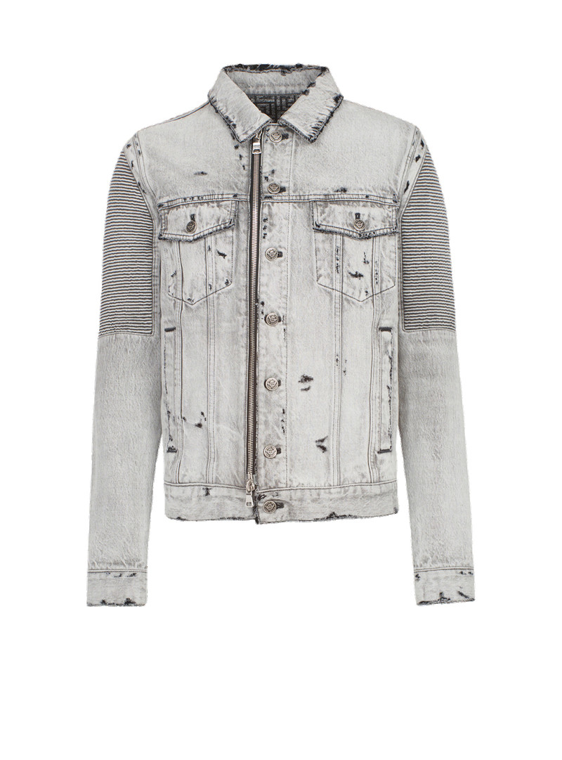 Faded and ripped jean jacket with ridged panels 1