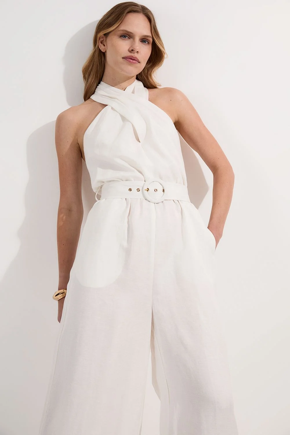 Linen Viscose Cross Front Woven Belted Jumpsuit - 1