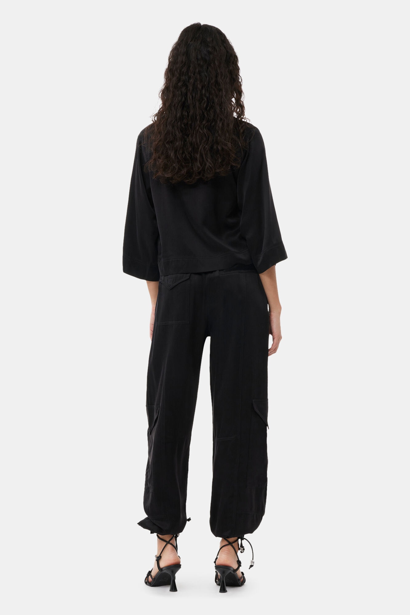 BLACK WASHED SATIN POCKET PANTS - 3