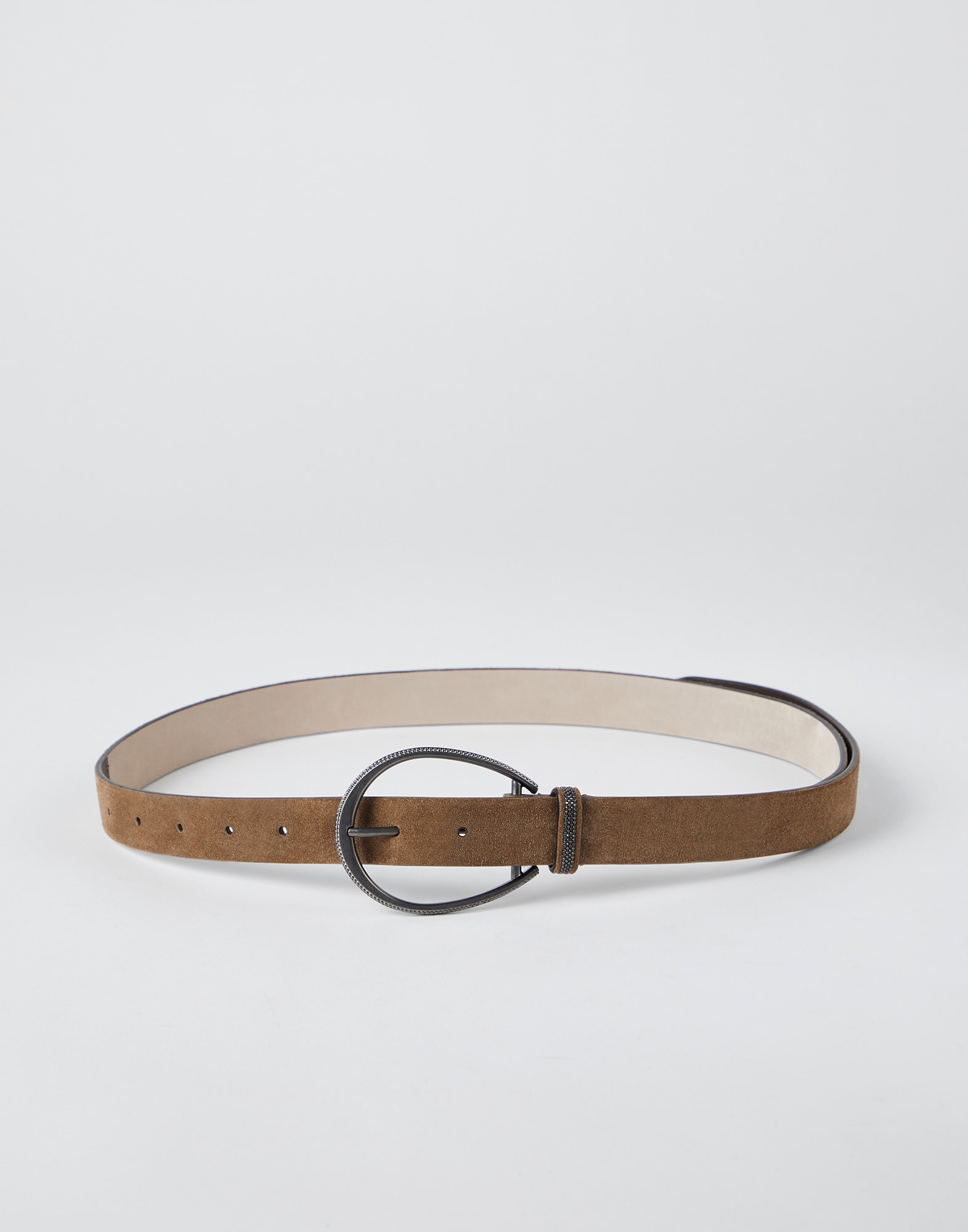 Suede-effect calfskin oval buckle belt with monili - 1